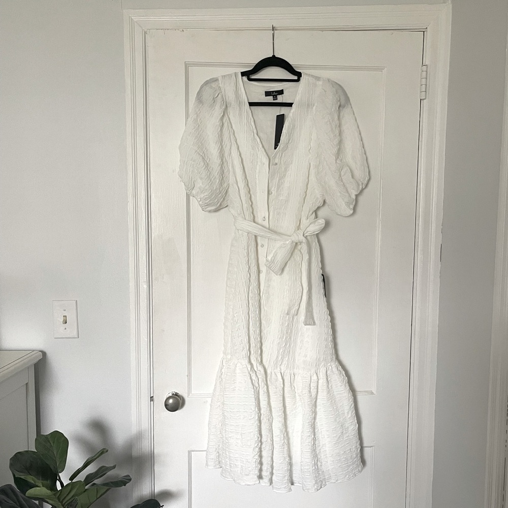 Lulus Medium White Seersucker Puff Sleeve Button-Front Dress